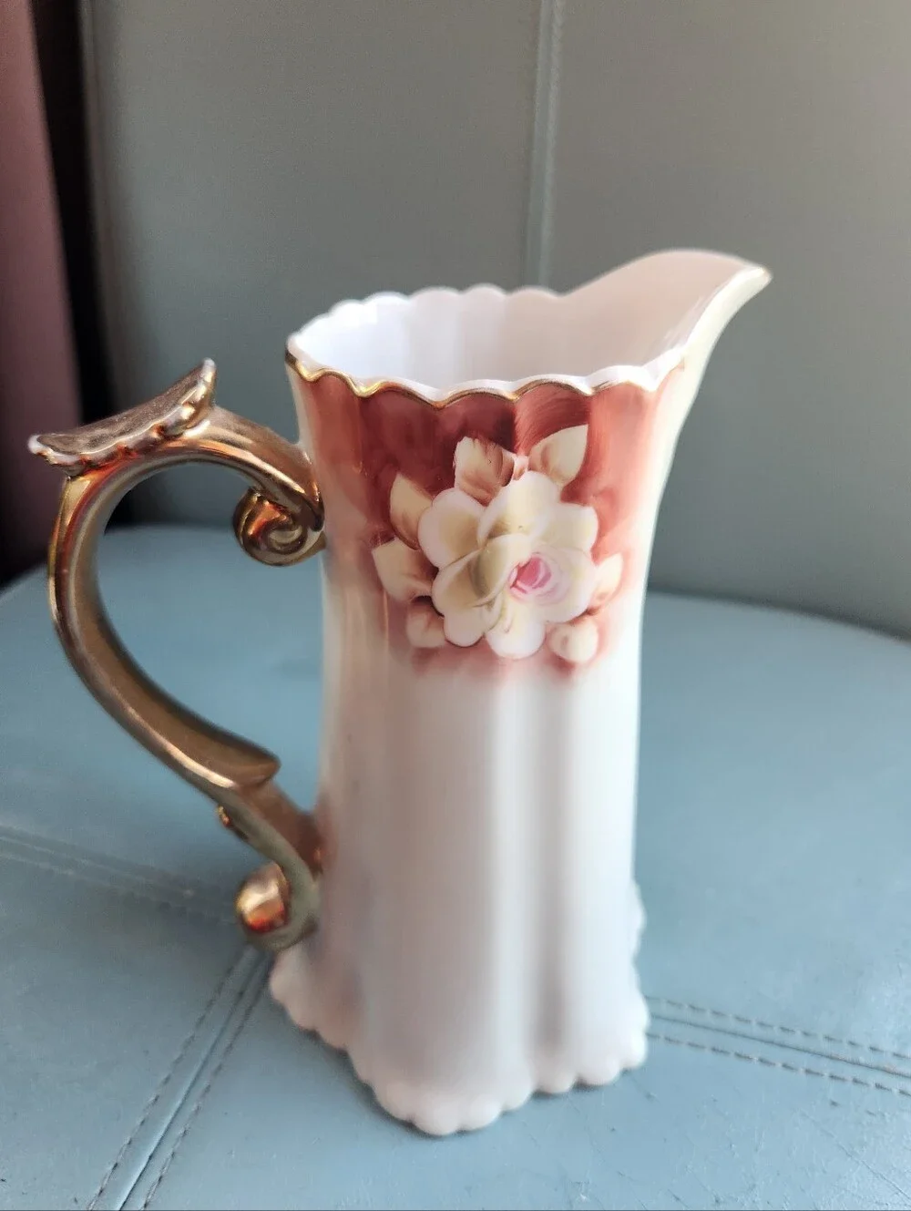 VTG NIPPON Hand Painted Pitcher JAPAN Floral Pale Green PINKS Vase Gold Trim EVC